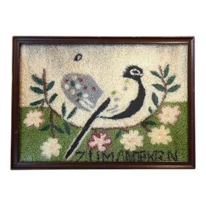 Antique 19th Century American Folk Art Needlework Textile Picture of a Peacock or Stylized Bird