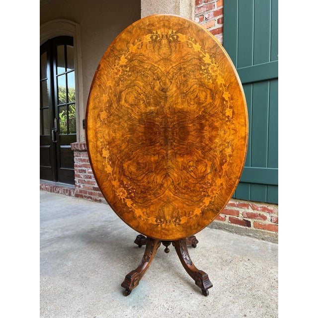 Victorian Antique English Center Breakfast Table Burl Walnut Tilt Top Inlaid Oval C1890 For Sale - Image 3 of 18