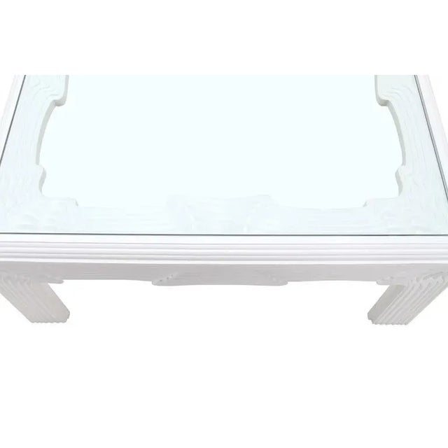 Mid-Century Modern Square "Wave" Pattern Carving White Lacquer Coffee Table For Sale - Image 4 of 11