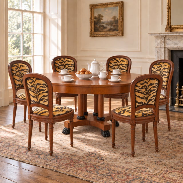 Wood Set of 6 French Louis XVI Style Fruitwood Dining Chairs Scalamndre Tiger Velvet For Sale - Image 7 of 8