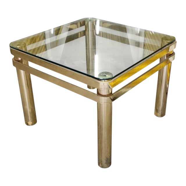 Vintage Brass Hollywood Regency Style Modern Contemporary Glass Top End Table 1 of 2 For Sale