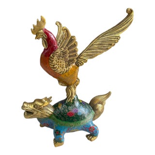 Chinese Cloisonné "Dragon Turtle & Rooster" Sculpture (Duzhan Aotou) - 2315g For Sale