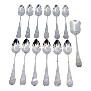 Coffee Spoons and Sugar Shovel in Guilloche Silver with Monogram Cards, Set of 12 For Sale