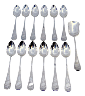 Coffee Spoons and Sugar Shovel in Guilloche Silver with Monogram Cards, Set of 12