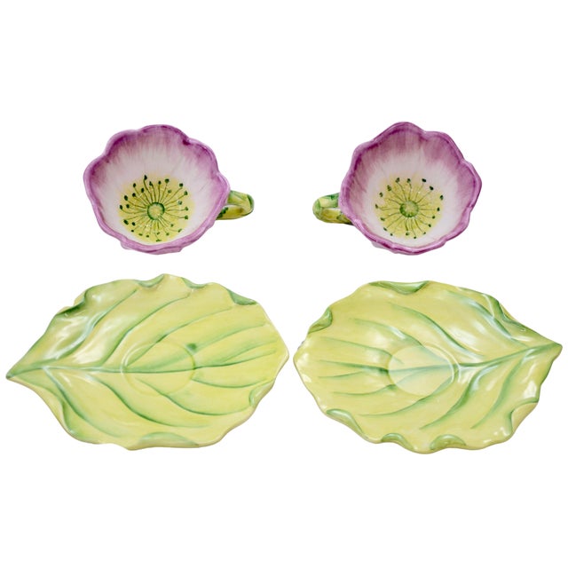 Shabby Chic Italian Water Garden Cups & Saucers - Pair For Sale - Image 3 of 4