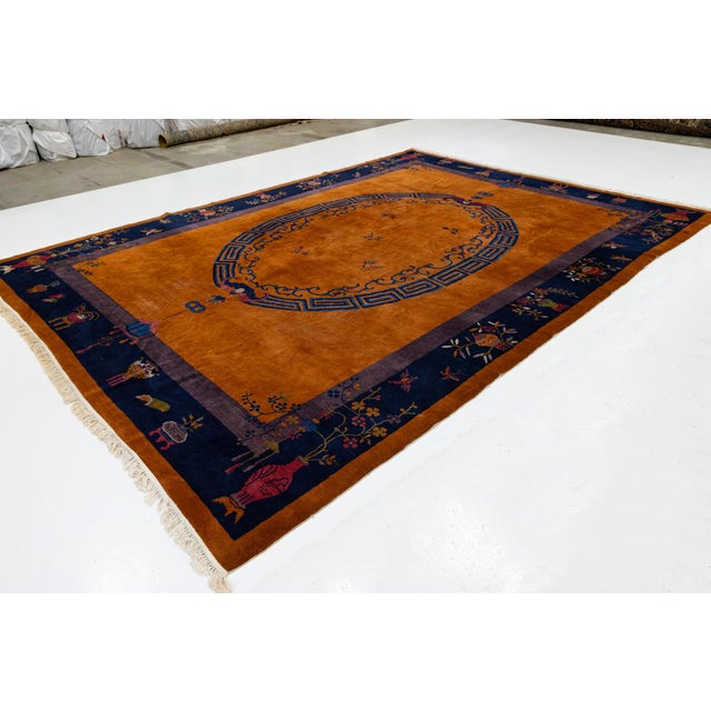 Antique Art Deco Chinese Nichols Style Rug - Mandarin Orange & Indigo 10x14 For Sale In New York - Image 6 of 6