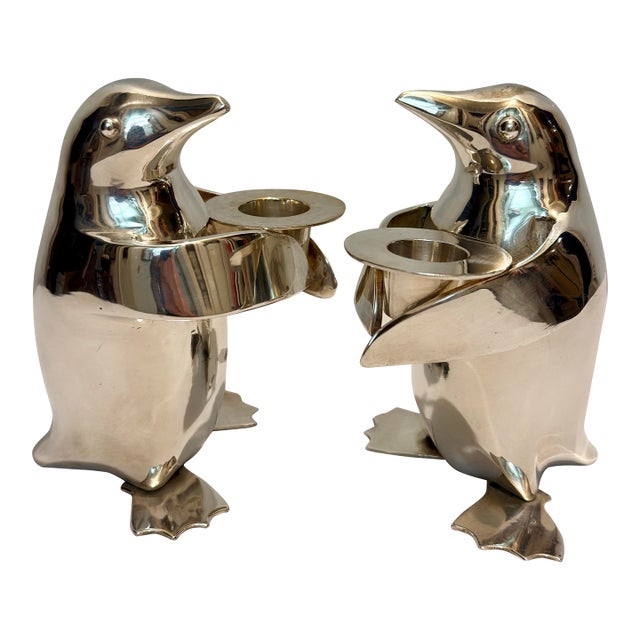 1990’s Restoration Hardware Silver Plated Penguin Candle Stick Holders - A Pair For Sale