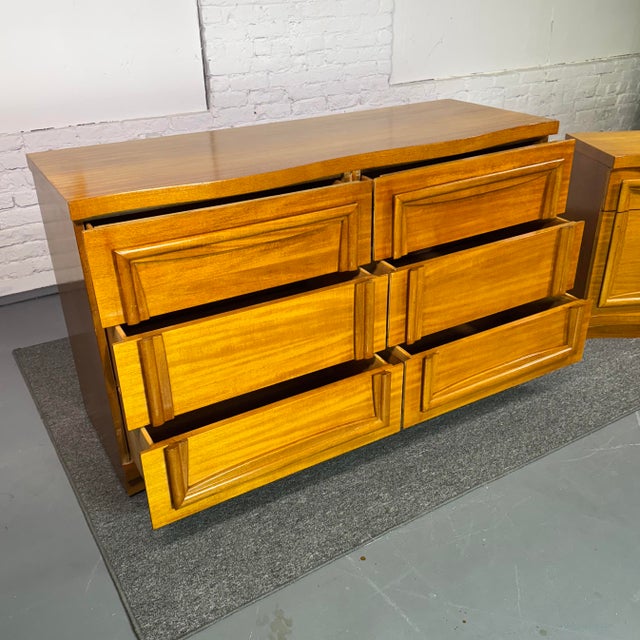 Brown 60s Satinwood Lowboy Dresser & Nightstand For Sale - Image 8 of 10