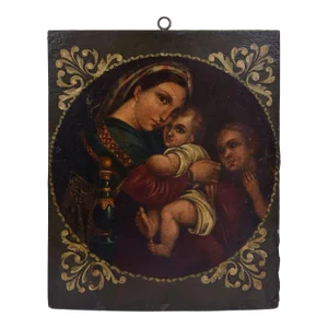 19th Century Madonna & Child With John the Baptist Oil on Board