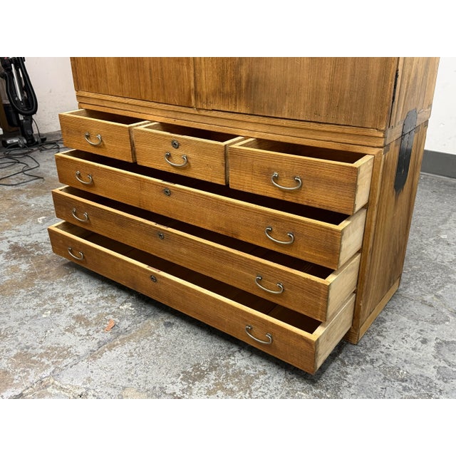 Japanese Kiri Wood Tansu With Mother of Pearl Inlaid Art Work For Sale - Image 11 of 12