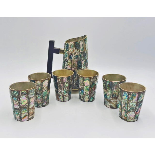 Brass 1960s Mid-Century Mexican Modern Abalone Mosaic Brass Barware Set, - Pitcher & 6 Glasses For Sale - Image 8 of 18