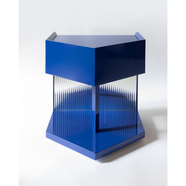 Contemporary Last Call Nightstand in Glossy Blue Lacquered MDF & Flute Mirror by Softhouse For Sale - Image 3 of 7