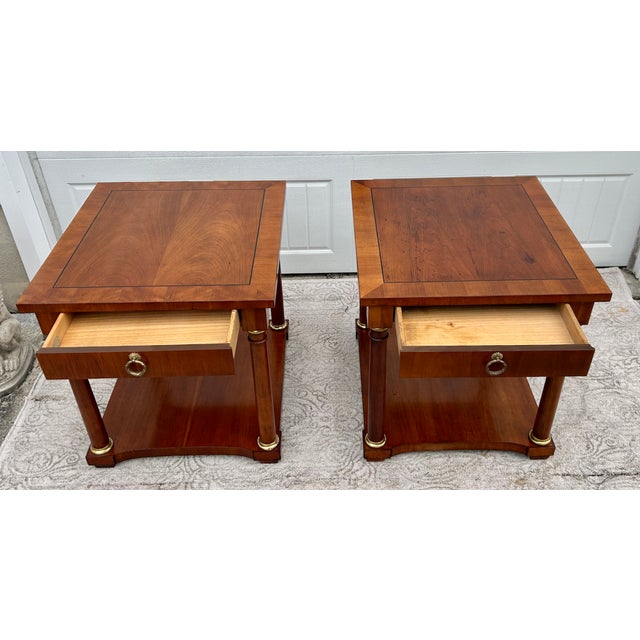 Baker Furniture Cherry Tables Vintage Regency Style Inlaid Wood Brass Trim Pair For Sale - Image 13 of 16