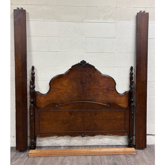 This is a stunning vintage French Louis XV style burled flame mahogany Full size bed frame with elements of Rococo style...