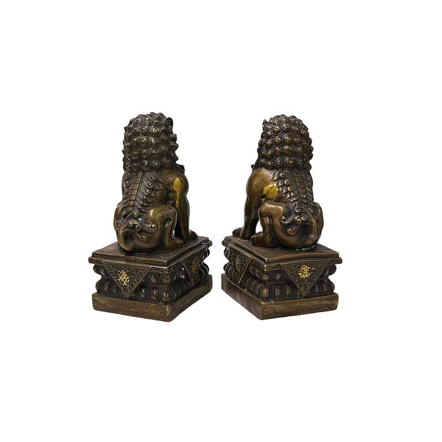Pair Vintage Copper Color Metal Rustic Fengshui Foo Dog Lions Figures For Sale - Image 4 of 9