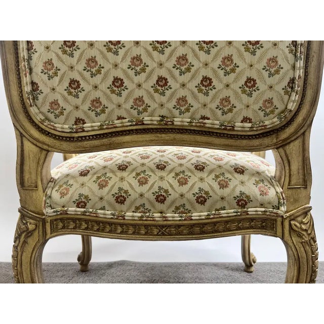 1980s French Louis XV Style Bergère Armchair, Painted Frame, Floral Embroidery, a Pair For Sale - Image 5 of 15