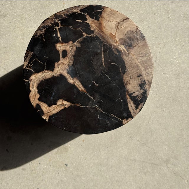 Side Table in Black Petrified Wood with Beige Striations and a Circular Arc For Sale - Image 12 of 18