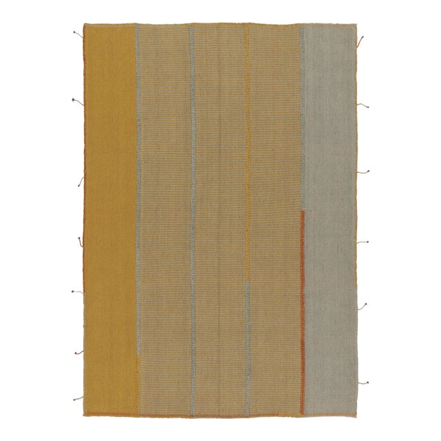 Rug & Kilim Contemporary Rez Kilim Flatweave Rug With Gold & Gray Striped Design For Sale