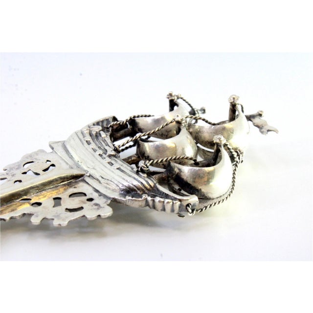 Decorative Silver Fork with Reliefs, Cut-Outs, Caravel and Angels Monogram Card For Sale - Image 4 of 10