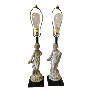 Pair of 1960s Antiqued White Rococo Style Cherub Lamps
