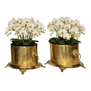 1950s Handmade Hammered Brass Lion Head Handles & Decorative Feet Cachepots - A Pair For Sale
