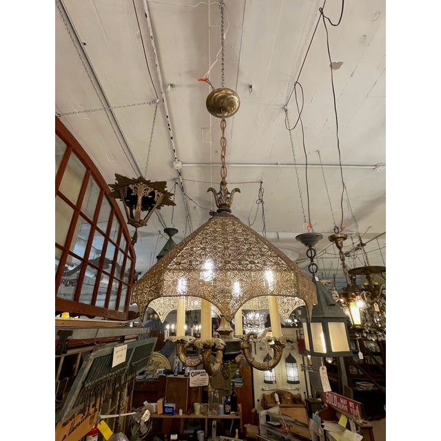 1960s Spanish Brass Four Light Pierced Metal Lace Shade Ceiling Fixture. Unusual Boho Design. Professionally rewired July...