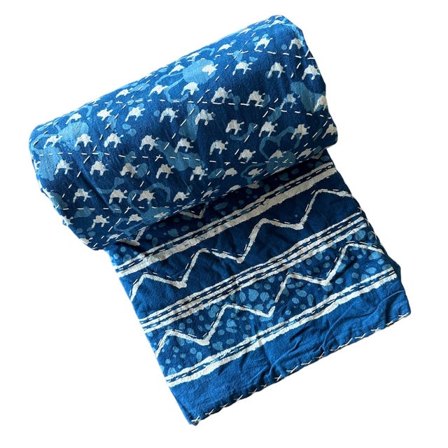 Indian Vintage Quilted Indigo Blanket For Sale - Image 3 of 7