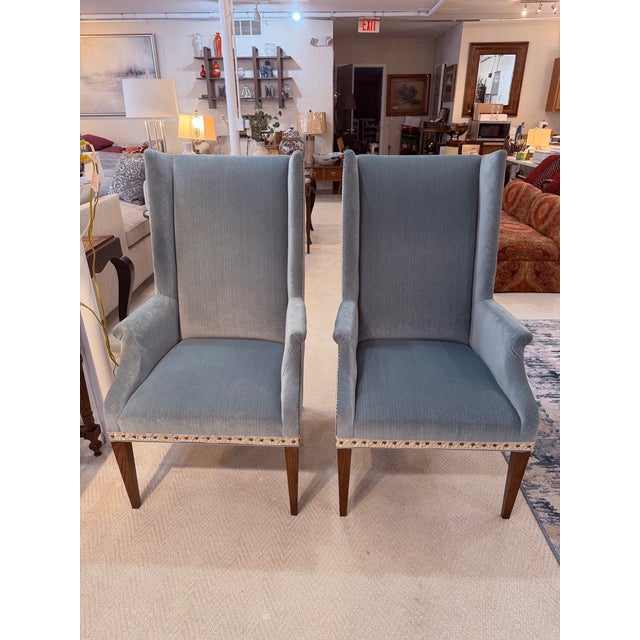 Beautiful set of 2 high-back custom chairs by Hickory Chair Company. Rarely used, they are in excellent condition with no...
