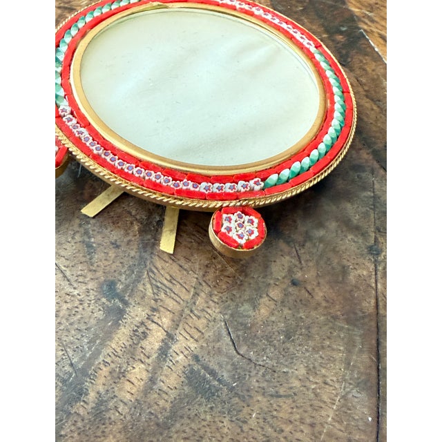 Vintage Italian Micro Mosaic Mini Picture Frame Millefiori Red Green Floral Mosaic Round Gold Tone Frame For Sale In Chicago - Image 6 of 6