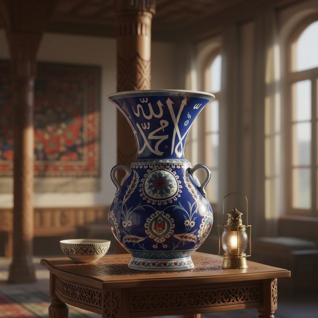 Ceramic Handmade Ceramic Kandil Vase (50cm) Cobalt Blue Calligraphy Triple Handled Form For Sale - Image 7 of 11