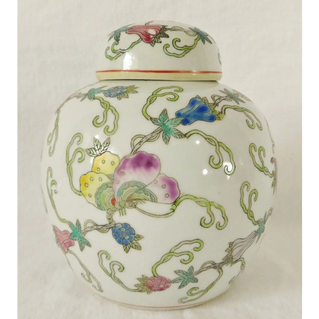 Chinese Vintage Mid Century Chinese Hand Painted Porcelain Butterfly & Floral Ginger Jar For Sale - Image 3 of 10