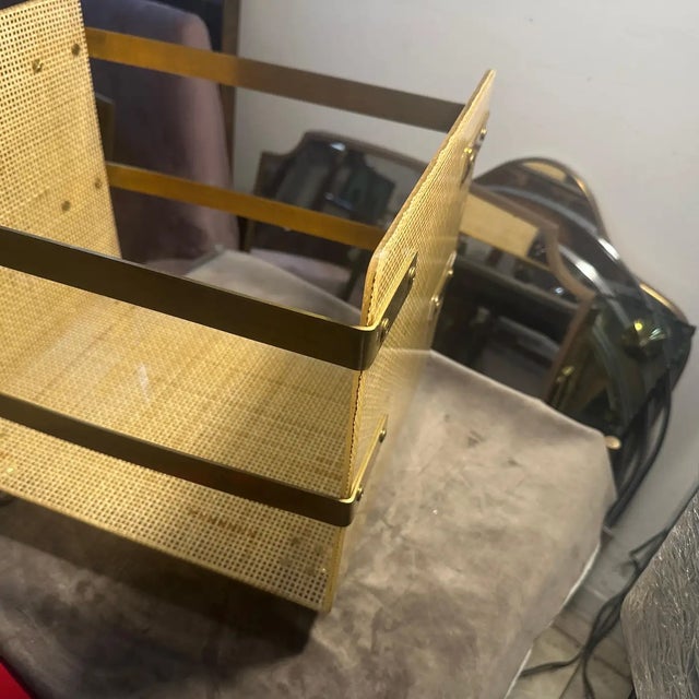 1980s Dior Home Style Mid-Century Modern Brass and Wicker Magazine Stand For Sale - Image 14 of 18