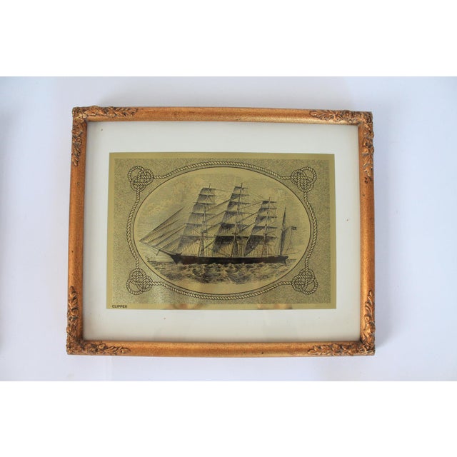 Vintage Nautical-Themed Gold Foil Ship Wall Hangings in Gilded Wood Frames S/3 For Sale In Milwaukee - Image 6 of 14