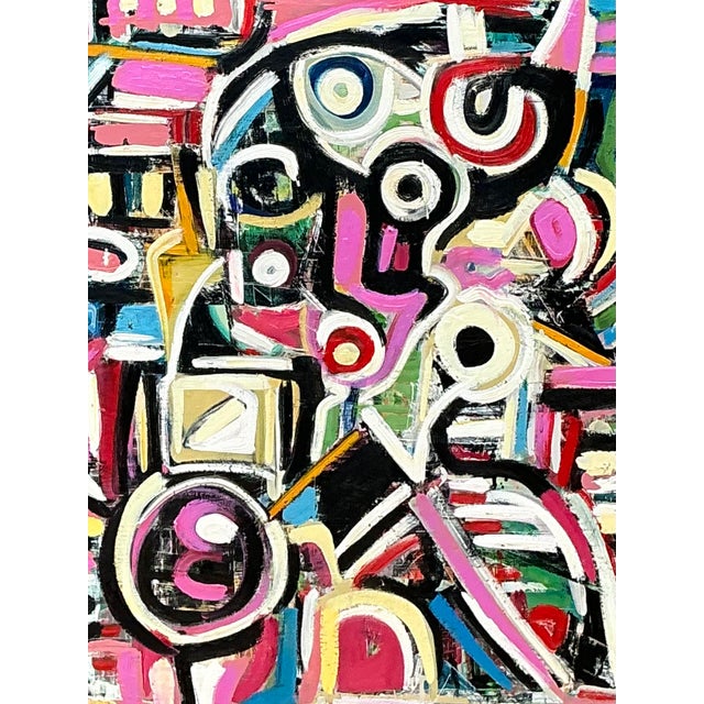 This striking oil on canvas by Terry J Frid is a vibrant geometric composition, bursting with color and abstract forms....