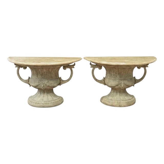 20th-C. Neoclassical Style Urn Form Demilune Console Tables With Tessellated Marble Tops, Pair For Sale