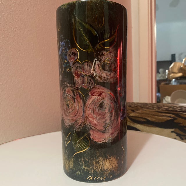 Art Deco Vintage Sascha Brastoff Mid-Century Ceramic Vase With a Floral Pattern Against a Black Background. For Sale - Image 3 of 4