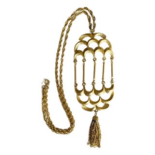 Vintage 1970s Brutalist Articulated Birdcage Tassel Pendant Necklace, Gold-Tone For Sale