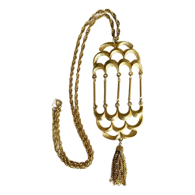 Vintage 1970s Brutalist Articulated Birdcage Tassel Pendant Necklace, Gold-Tone For Sale