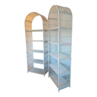 1970s Vintage Boho Chic Arched Rattan & Wicker Bookcases Étagère- a Pair For Sale