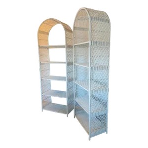 1970s Vintage Boho Chic Arched Rattan & Wicker Bookcases Étagère- a Pair