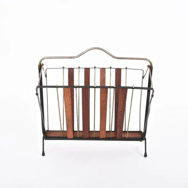 Mid-Century Italian Enameled Metal, Wood and Brass Magazine Rack, 1950s For Sale - Image 4 of 7