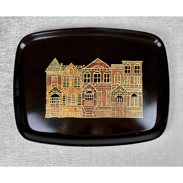 Mid Century Couroc Serving / Bar Tray With Rowhouses Motif For Sale - Image 9 of 10