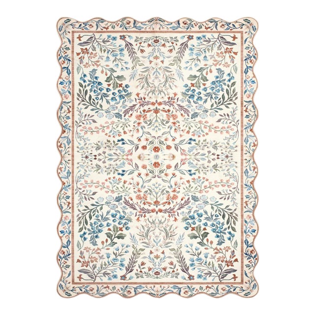 Ivory Washable Folk Floral Rug with Scalloped Edge, 3'x4' For Sale