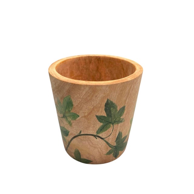 Vintage Hand-Painted Teak Wood Botanical Cachepot For Sale In West Palm - Image 6 of 12