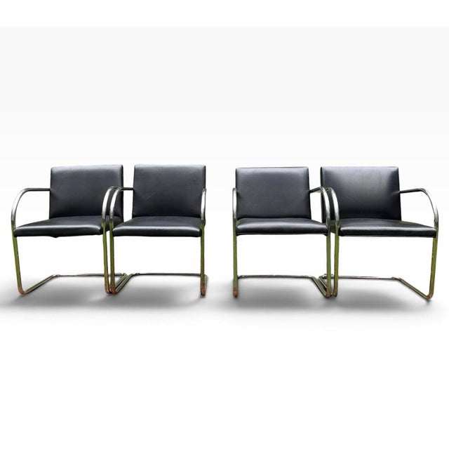 Mid-Century Modern Set of 4 Mies Van Der Rohe Brno Tubular Chairs for Knoll — Chrome & Leather For Sale - Image 3 of 13