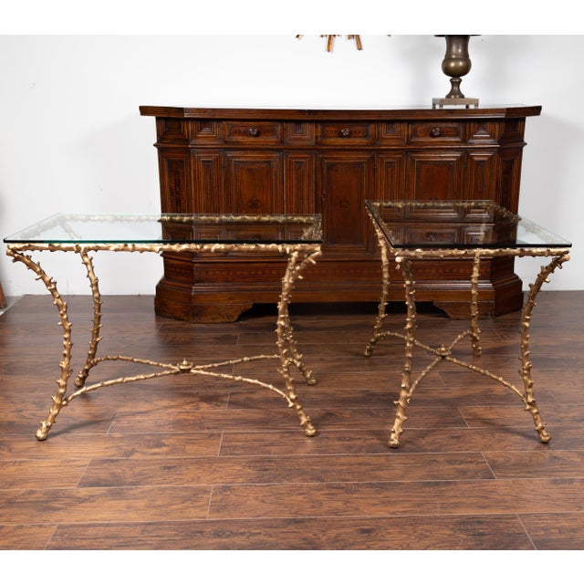 Pair of Midcentury Gilt Bronze Glass Tops Console Tables with Faux Bois Motifs For Sale - Image 4 of 12