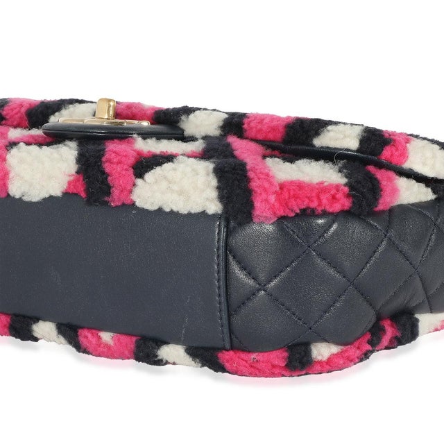 Animal Skin Fuchsia Navy White Shearling Lambskin Emoticon Single Flap Bag For Sale - Image 7 of 8