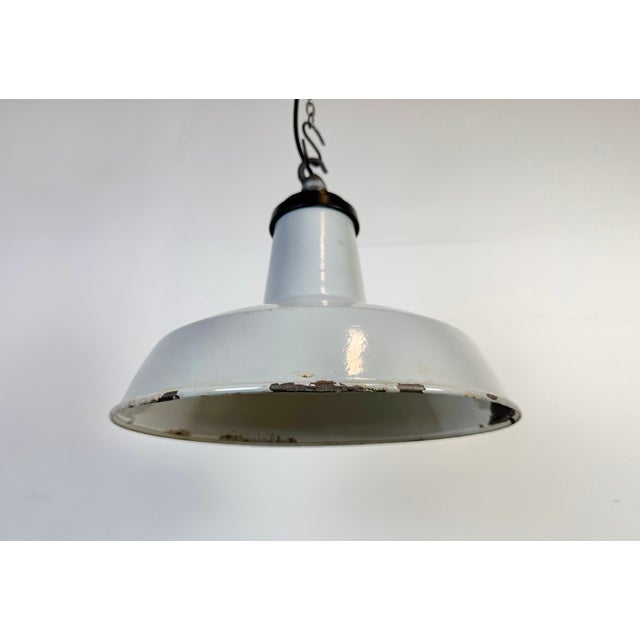 Metal Industrial Grey Enamel Factory Pendant Lamp, 1960s For Sale - Image 7 of 17