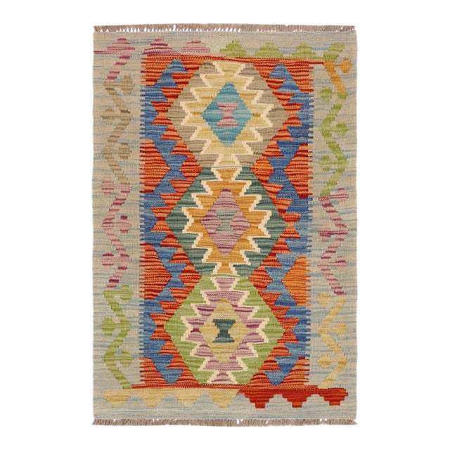 Shabby Chic Turkish Kilim Rust Blue Hand-Woven Wool Rug For Sale