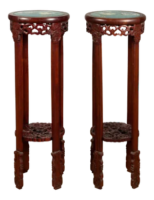 Antique Chinese Carved Round Stands with Painted Floral and Bird Décor - A Pair